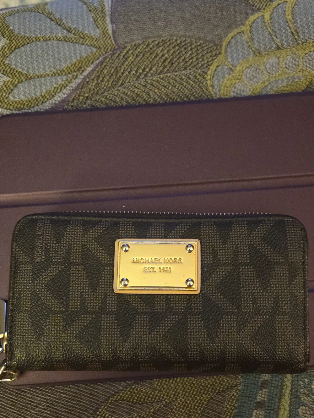 Michael Kors Brown Signature Logo Zip Wallet with Gold Plaque